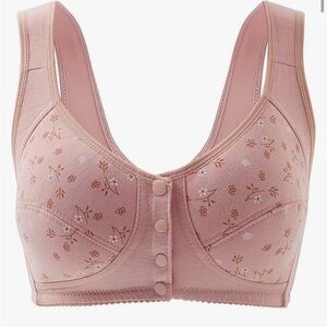 NWOT Womens Pink Floral Print Wireless Breathable Bra With 4 Front snaps